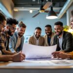 A photograph of a dynamic and engaging scene featuring a diverse group of professionals in a well-lit workspace