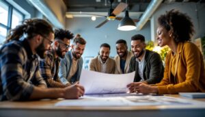 A photograph of a dynamic and engaging scene featuring a diverse group of professionals in a well-lit workspace