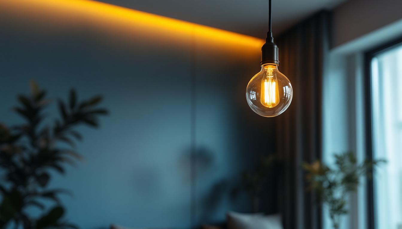 A photograph of a stylish single light pendant hanging gracefully in a well-designed interior space