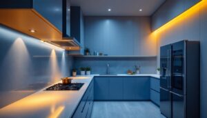 A photograph of a beautifully designed kitchen featuring recessed can lights
