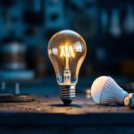 A photograph of a vintage light bulb alongside modern lighting alternatives