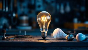 A photograph of a vintage light bulb alongside modern lighting alternatives