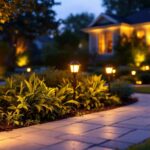 A photograph of a beautifully illuminated outdoor space featuring solar led yard lights in various settings