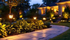 A photograph of a beautifully illuminated outdoor space featuring solar led yard lights in various settings