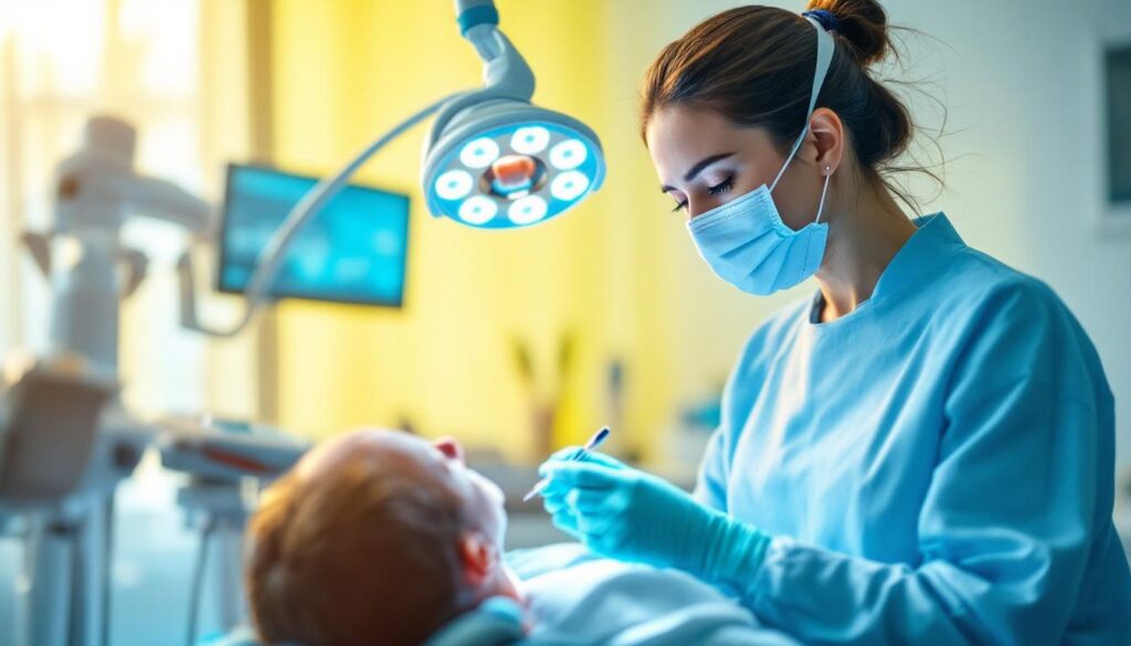 A photograph of a dental professional using advanced dental lighting equipment in a well-lit treatment room