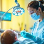 A photograph of a dental professional using advanced dental lighting equipment in a well-lit treatment room
