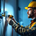 A photograph of a skilled lighting contractor installing or inspecting a modern electricity outlet in a well-lit
