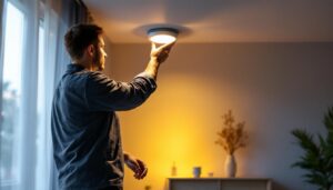 A photograph of a skilled lighting contractor installing recessed led pot lights in a modern home setting