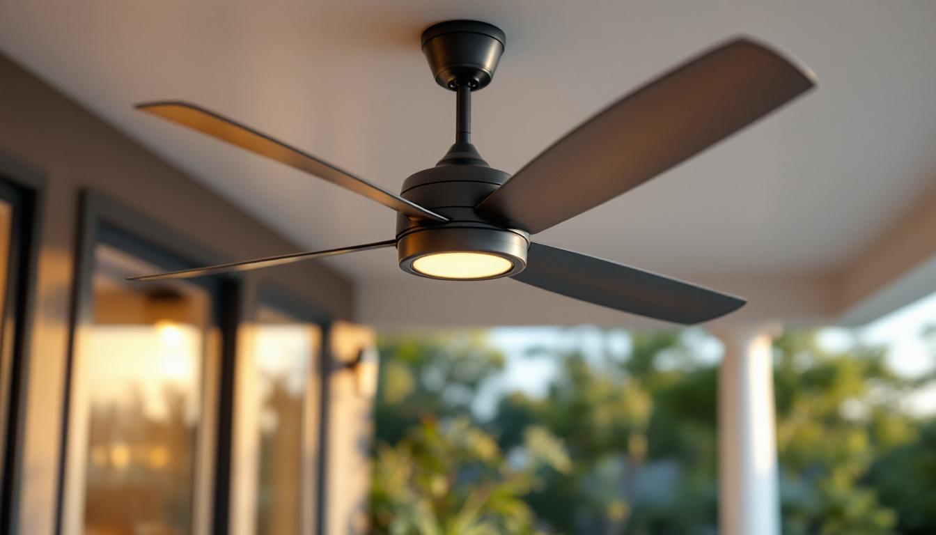A photograph of a stylish outdoor ceiling fan with sleek metal blades installed on a patio or porch
