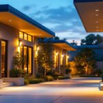 A photograph of a well-lit exterior space showcasing led flood lights illuminating a commercial or residential area at dusk