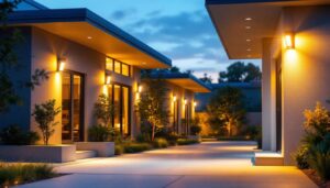 A photograph of a well-lit exterior space showcasing led flood lights illuminating a commercial or residential area at dusk