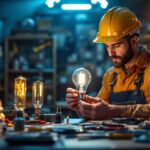 A photograph of a lighting contractor examining a ballast bulb in a well-lit workspace