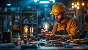 A photograph of a lighting contractor examining a ballast bulb in a well-lit workspace