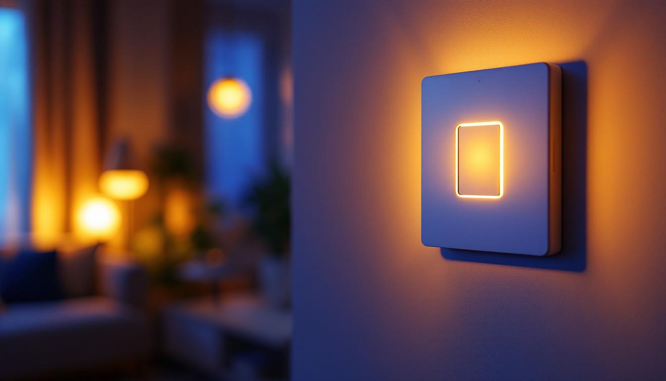 A photograph of a modern home automation light switch in a stylish interior setting