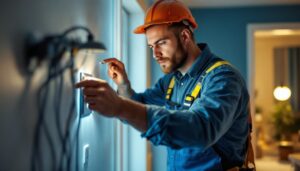 A photograph of a lighting contractor in action