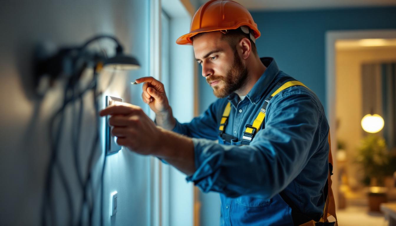 A photograph of a lighting contractor in action