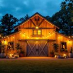 A photograph of a beautifully illuminated outdoor space featuring extra large barn lights