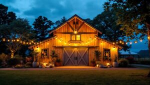 A photograph of a beautifully illuminated outdoor space featuring extra large barn lights
