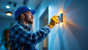 A photograph of a lighting contractor skillfully adjusting a fan speed switch in a well-lit room