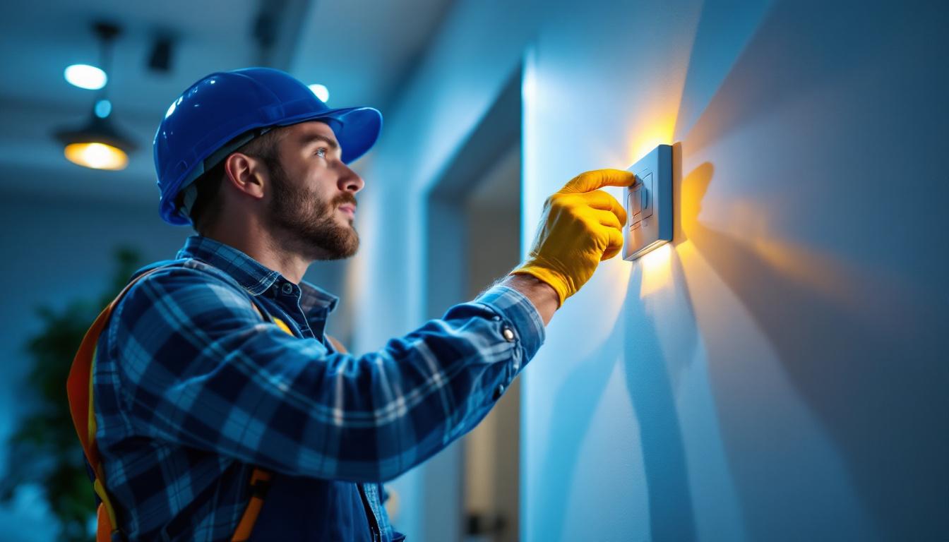 A photograph of a lighting contractor skillfully adjusting a fan speed switch in a well-lit room