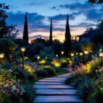 A photograph of a beautifully landscaped garden at dusk