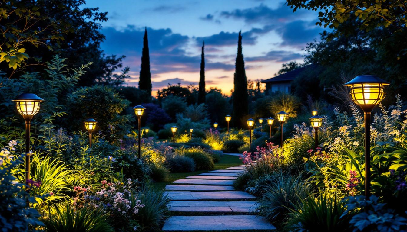 A photograph of a beautifully landscaped garden at dusk