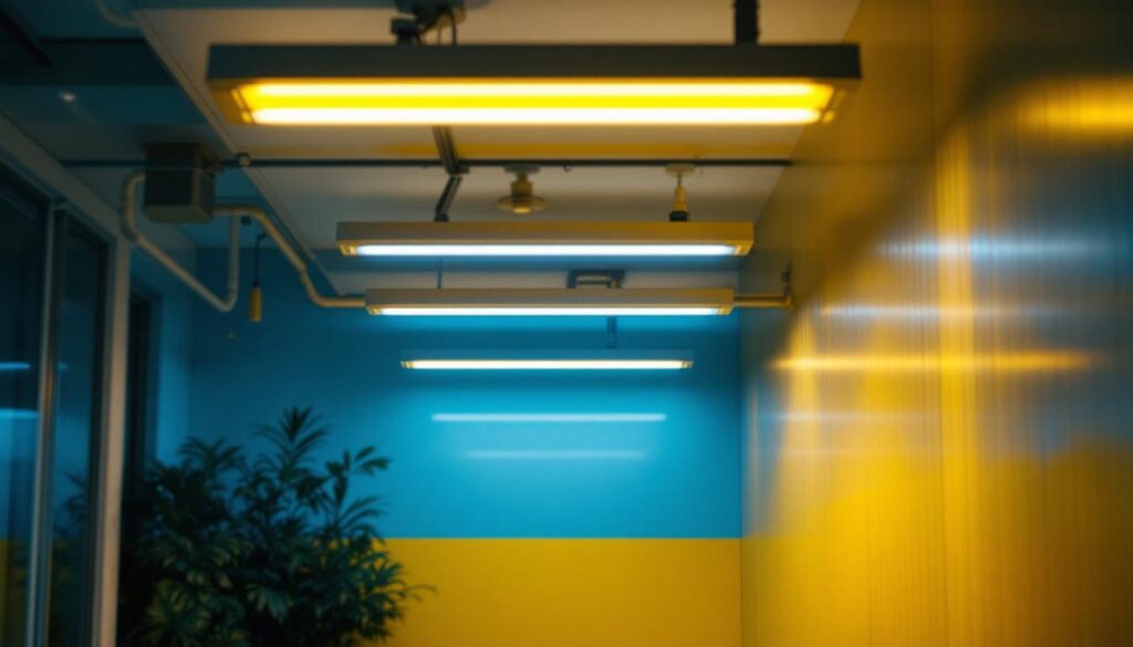A photograph of capture a photograph of a well-lit interior space featuring modern fluorescent fixtures