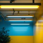 A photograph of capture a photograph of a well-lit interior space featuring modern fluorescent fixtures