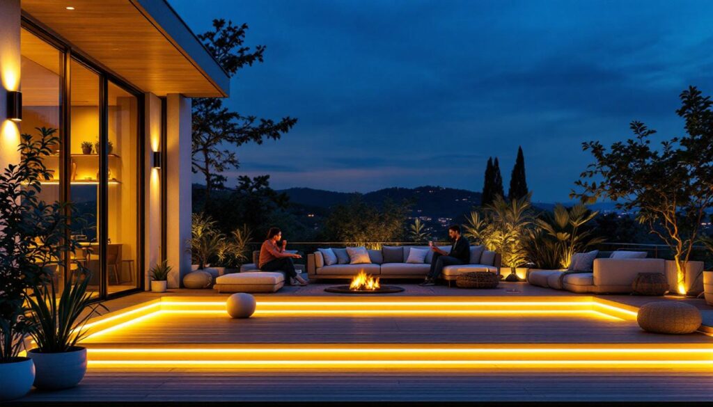 A photograph of a stylish outdoor space illuminated by contemporary house lights