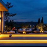A photograph of a stylish outdoor space illuminated by contemporary house lights