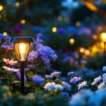 A photograph of a beautifully illuminated garden scene at dusk