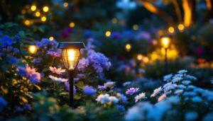 A photograph of a beautifully illuminated garden scene at dusk