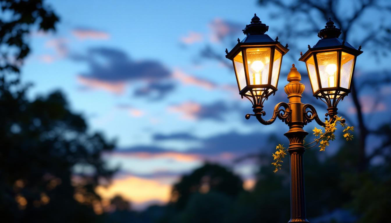 A photograph of a beautifully restored vintage lamp post in an outdoor setting