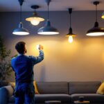 A photograph of a stylish and well-lit room showcasing various types of ceiling light fixtures