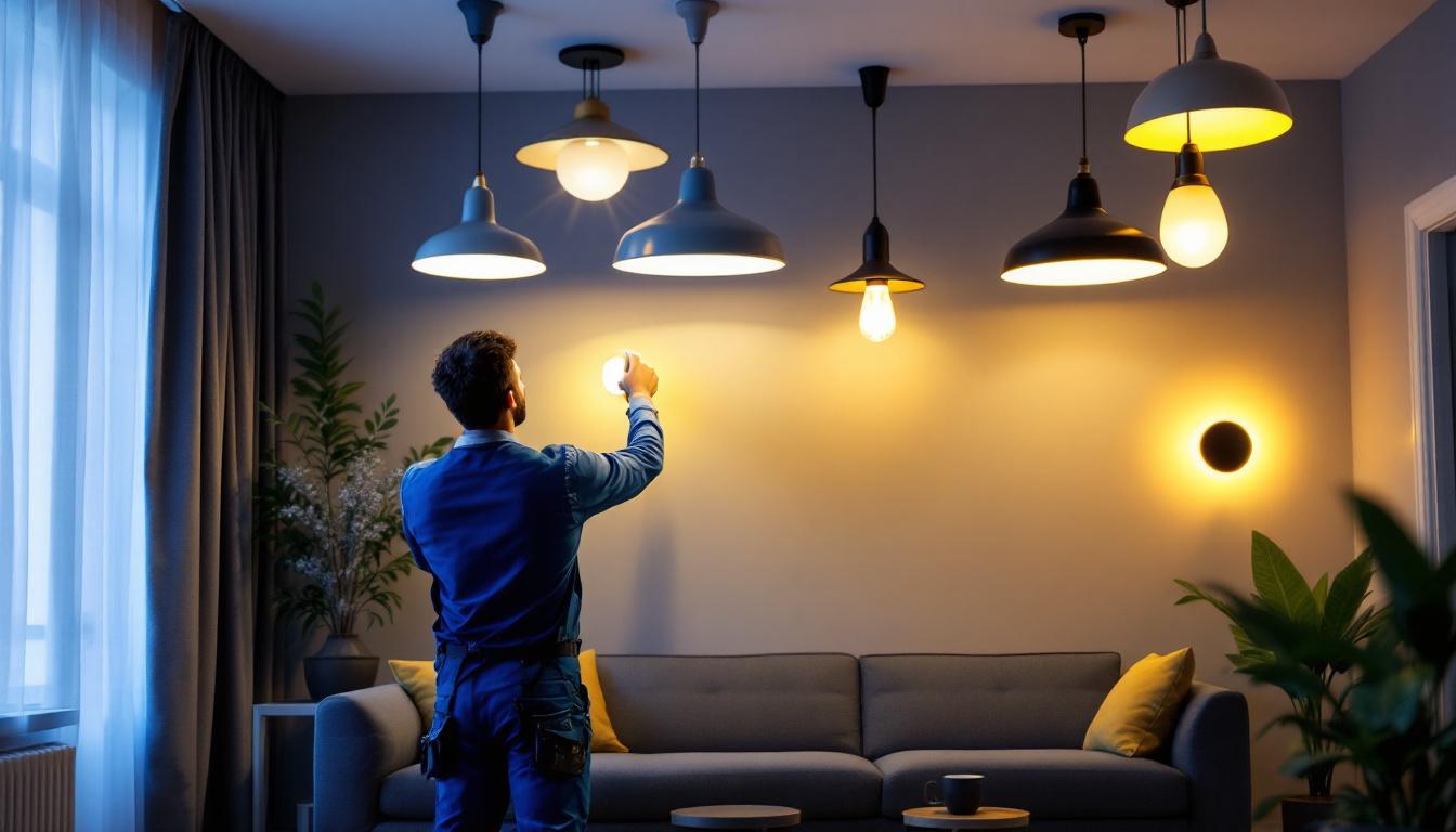 A photograph of a stylish and well-lit room showcasing various types of ceiling light fixtures