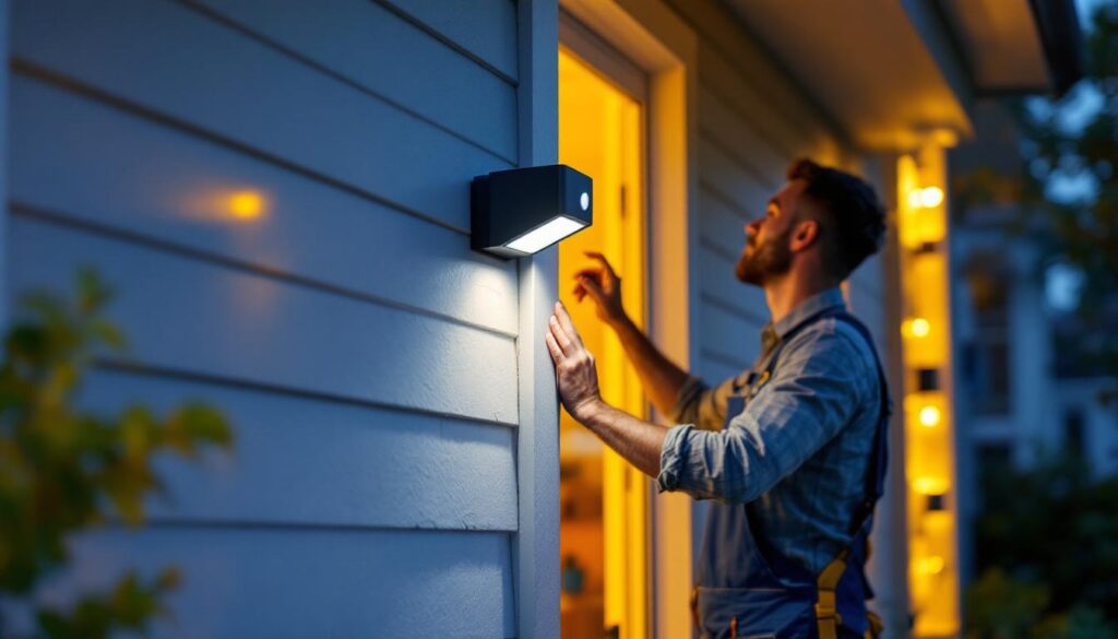 A photograph of a lighting contractor installing a sleek motion sensor front porch light on a modern home