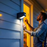 A photograph of a lighting contractor installing a sleek motion sensor front porch light on a modern home