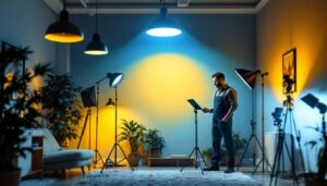 A photograph of a well-lit room showcasing various lighting fixtures