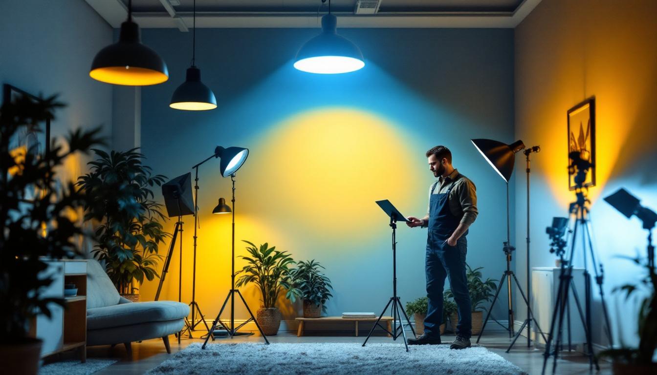 A photograph of a well-lit room showcasing various lighting fixtures
