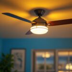 A photograph of a stylish ceiling fan with an integrated light fixture