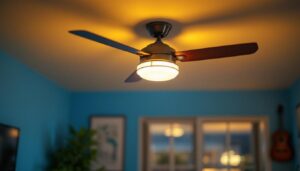 A photograph of a stylish ceiling fan with an integrated light fixture
