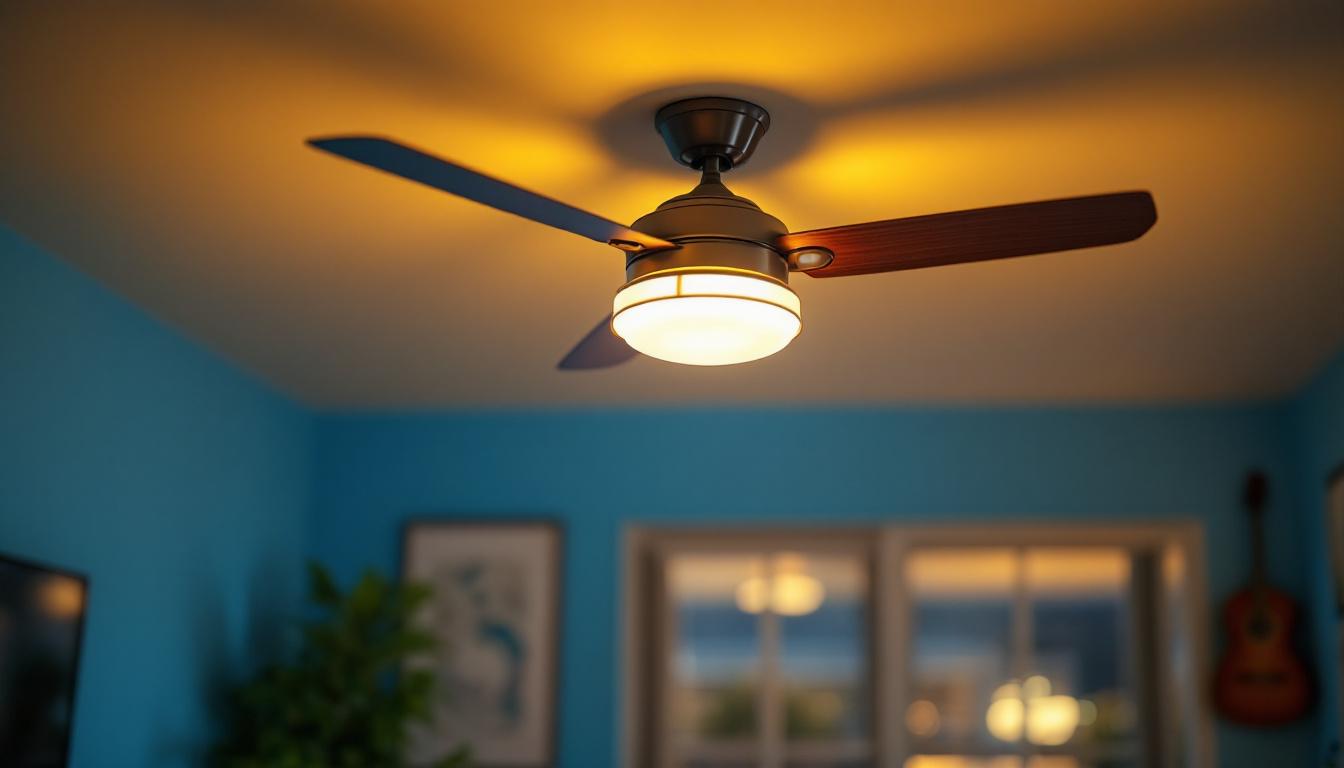 A photograph of a stylish ceiling fan with an integrated light fixture