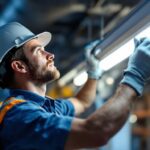 A photograph of a skilled lighting contractor installing a t8 lamp fixture in a commercial space