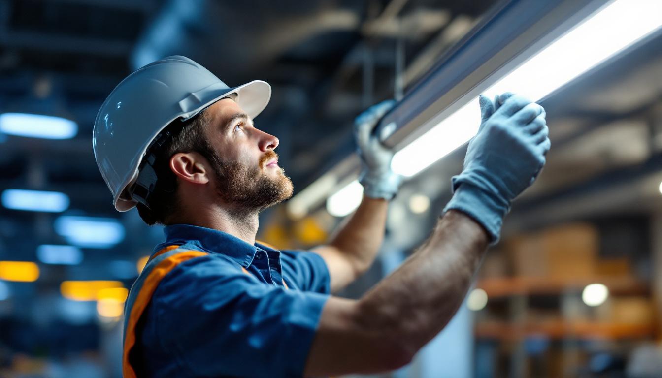 A photograph of a skilled lighting contractor installing a t8 lamp fixture in a commercial space