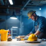 A photograph of a well-lit workshop or garage featuring a lowes led shop light in action