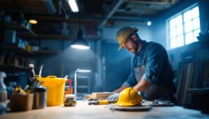 A photograph of a well-lit workshop or garage featuring a lowes led shop light in action