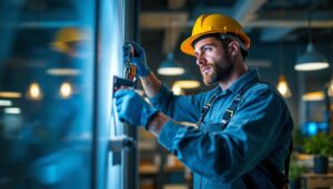 A photograph of a lighting contractor in action