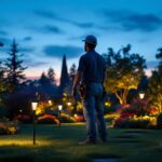 A photograph of a professional lighting contractor installing solar up lights in a beautifully landscaped outdoor setting