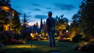 A photograph of a professional lighting contractor installing solar up lights in a beautifully landscaped outdoor setting