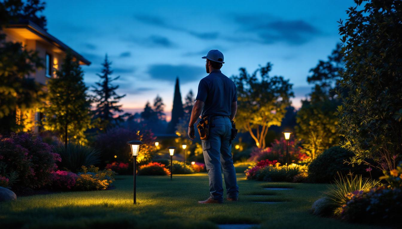 A photograph of a professional lighting contractor installing solar up lights in a beautifully landscaped outdoor setting